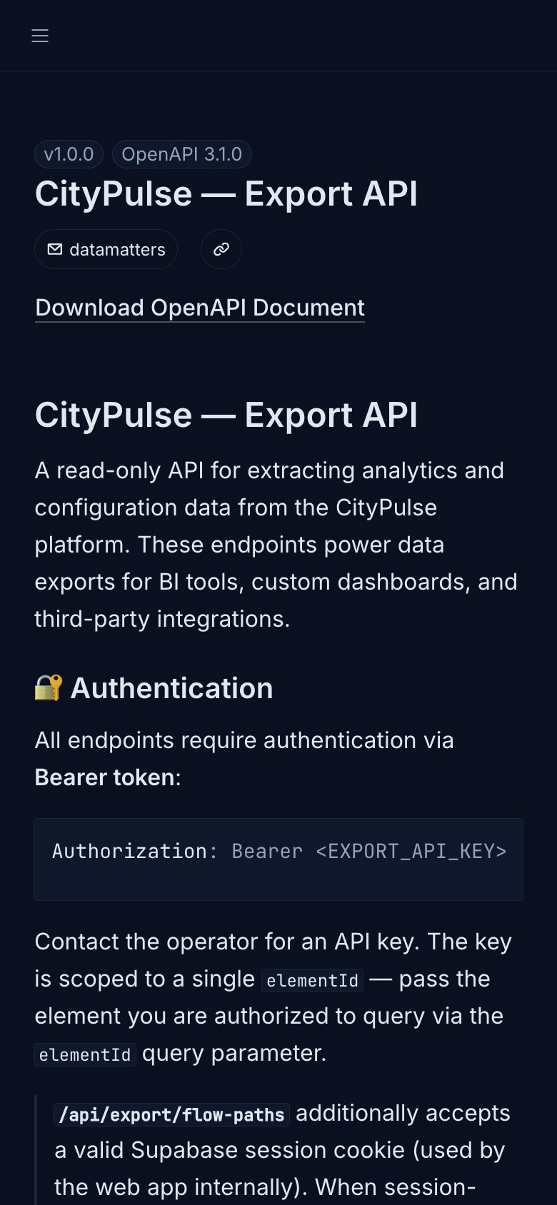 The CityPulse Export API reference showing endpoints, authentication and response formats