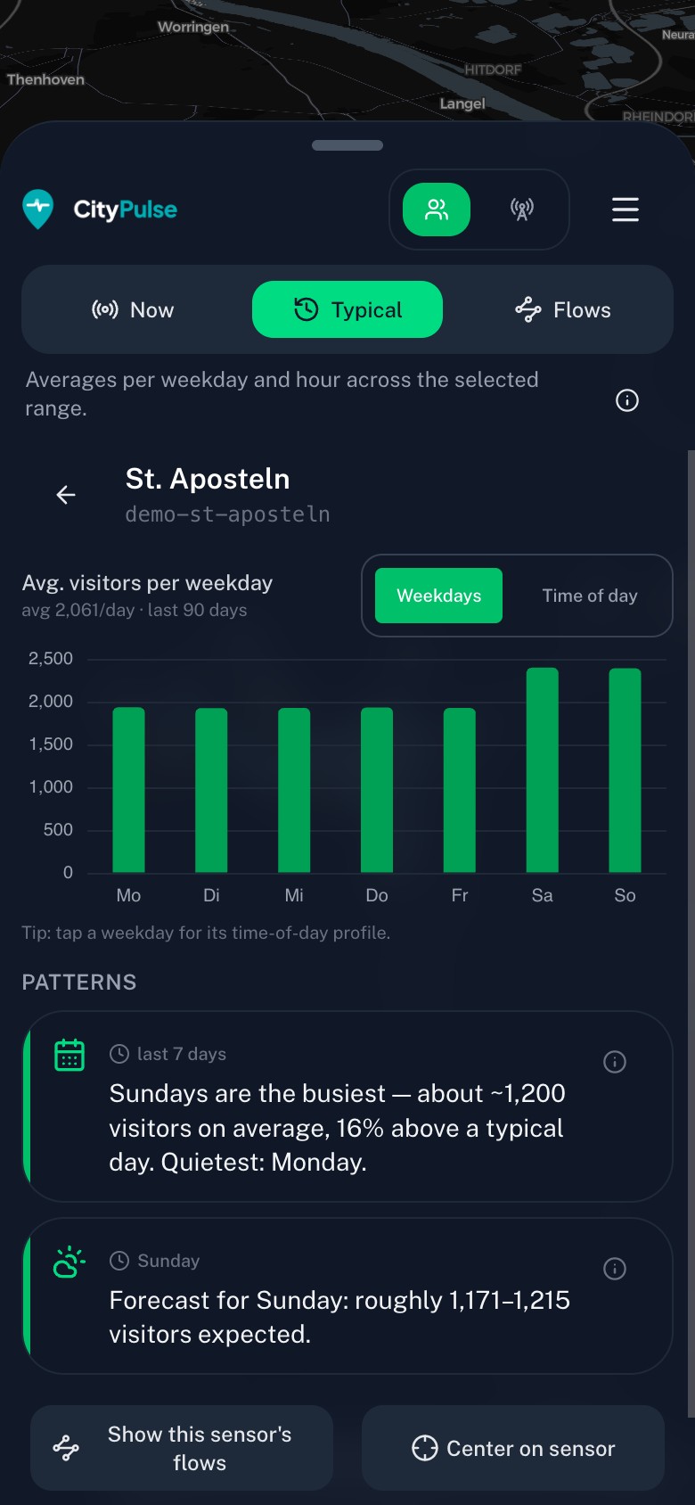 CityPulse map in typical mode with a time-of-day slider and weekday selector