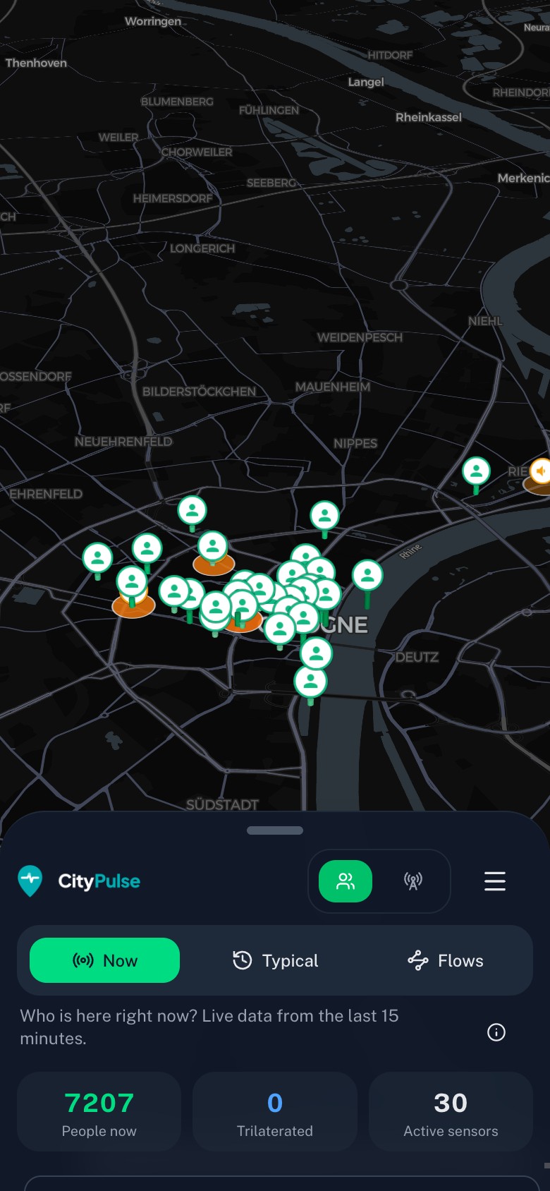 CityPulse 3D live map of Cologne with visitor pins across the old town and the Rhine