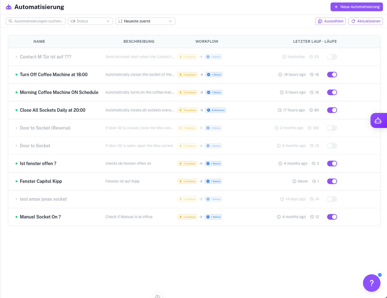 Capture d'écran : automatisations avec déclencheurs, actions, historique et interrupteurs